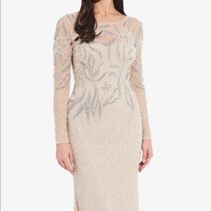 ADRIANNA PAPELL FLORAL BEADED DRESS WITH SHEER LONG SLEEVES IN BISCOTTI